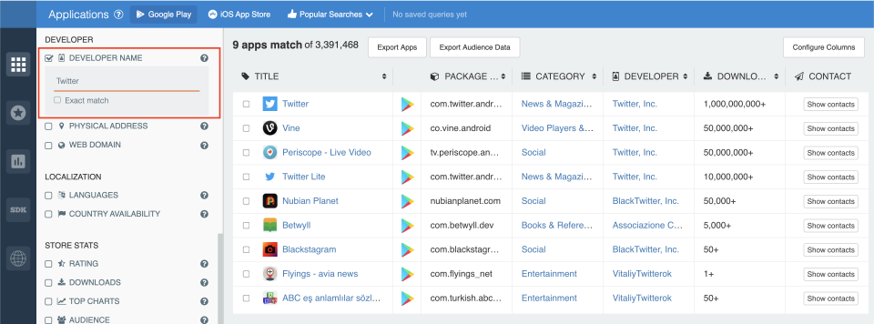 Filter by app developer name — app analytics, app insights.
